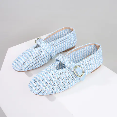 New Blue White Raffia Woven Mary Jane Shoes Women Hollow Breathable T Buckle Strap Flat Sandals for daily Vacation Footwear