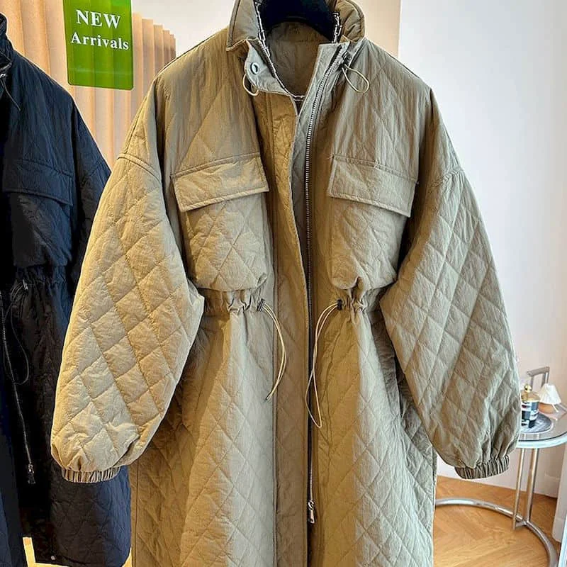 Quilted Coats Lightweight Cotton Added Jackets for Women Long Sleeved Knee-length Waisted Casual Vintage Winter Women Clothing