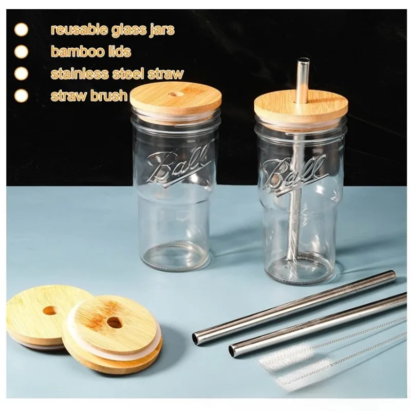 1pc 700ML Clear Glass Straw Cup with Bamboo Lid and Straw Portable Glass Mup for Iced Coffee Bubble Tea Wine Juice Milk Vessel