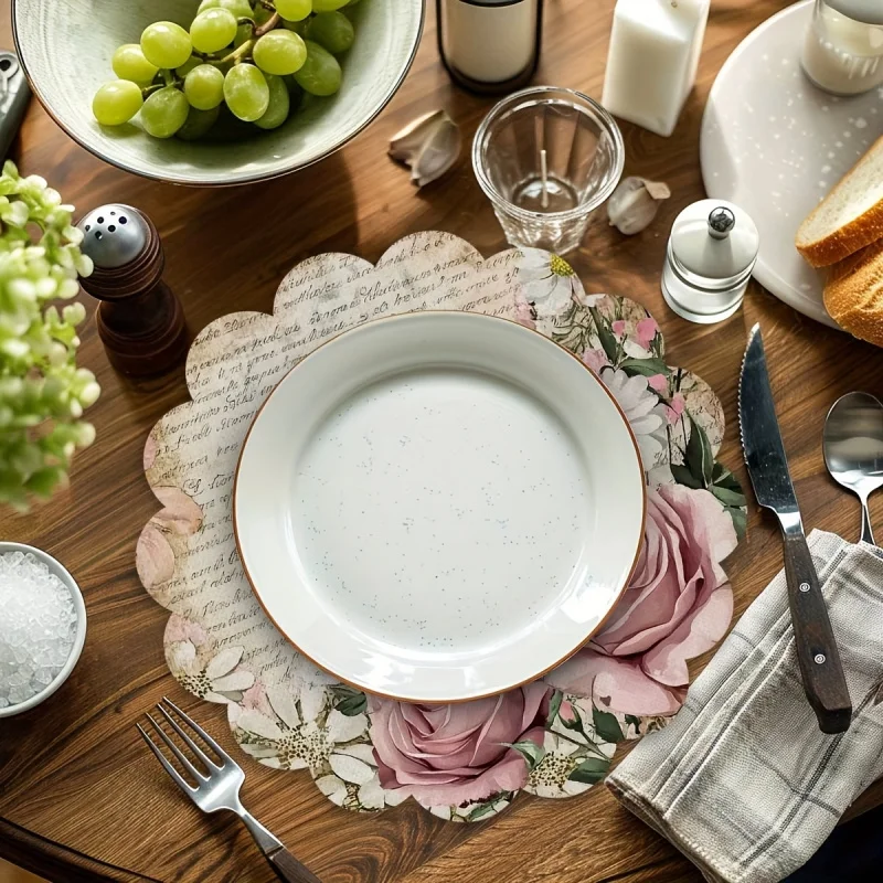 VIKAMA 4-Piece Set Of Round Placemats With Vintage Floral Rose Pattern, Easy-To-Clean Table Mats, Perfect For The Kitchen