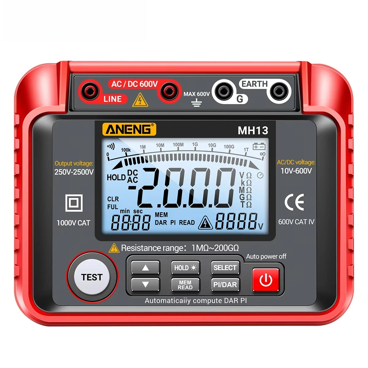 Digital Multimeter MH13 Ohm Tester with High Voltage 2000 Count Resistance Meter Insulation Earth Megohmmeter Tool