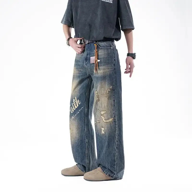 Men's Loose Denim Jeans with Retro Letter Print, Vintage Washed and Worn Wide Leg Streetwear Pants, Casual Cotton Jeans for Dail