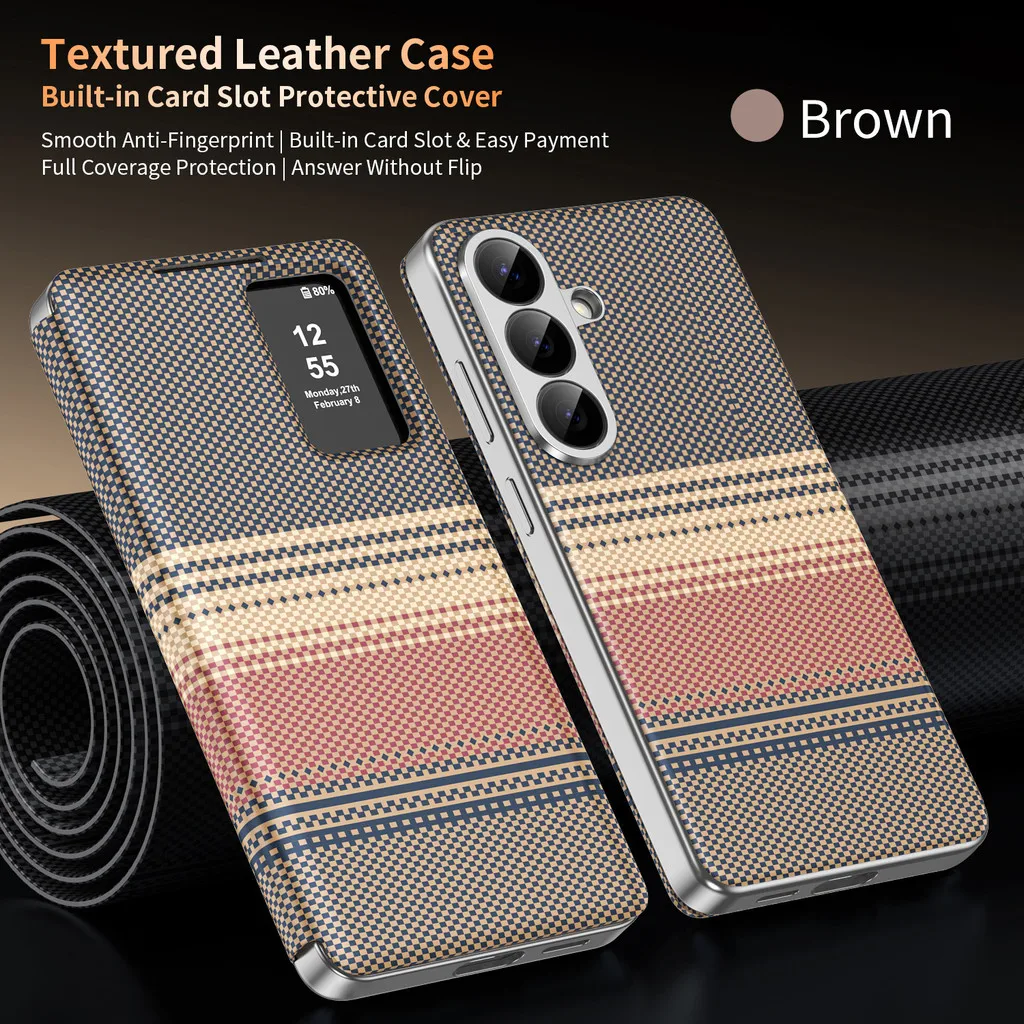 Smart View Window Flip Case For Samsung Galaxy A57 A37 A17 A26 A16 A56 A36 A55 Textured Leather Kevlar Pattern Card Slot Cover