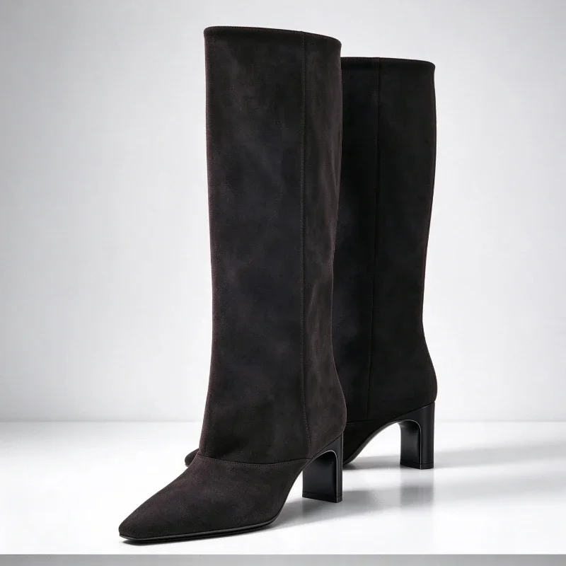 Brown Suede Block-Heel Women’s Knee-High Boots Pointed-Toe Pull-On Design Winter Long Boots Street-Style Comfortable Botas Mujer