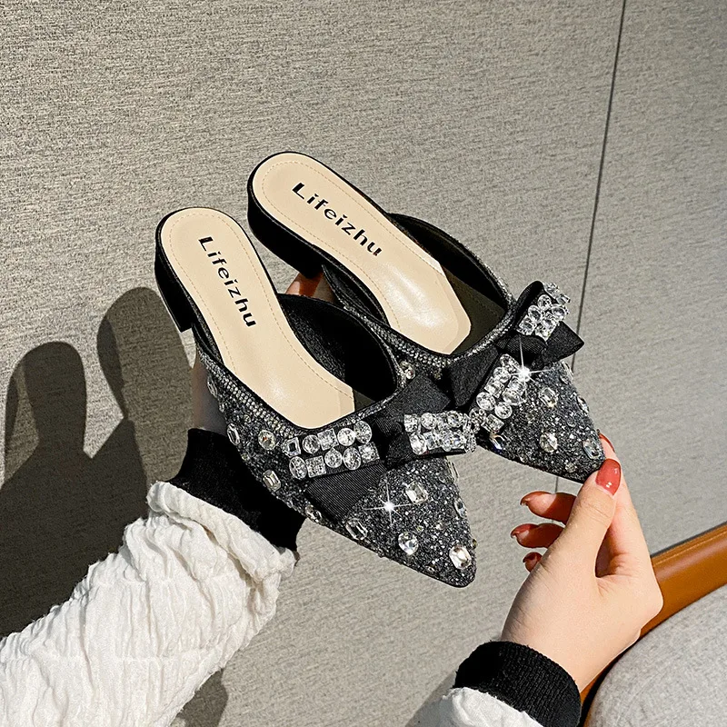 Summer New Shoes for Women Slipper Girl Crystal Bowknot Outdoor Bling Casual Sandals Girl Heels Mules Shoes