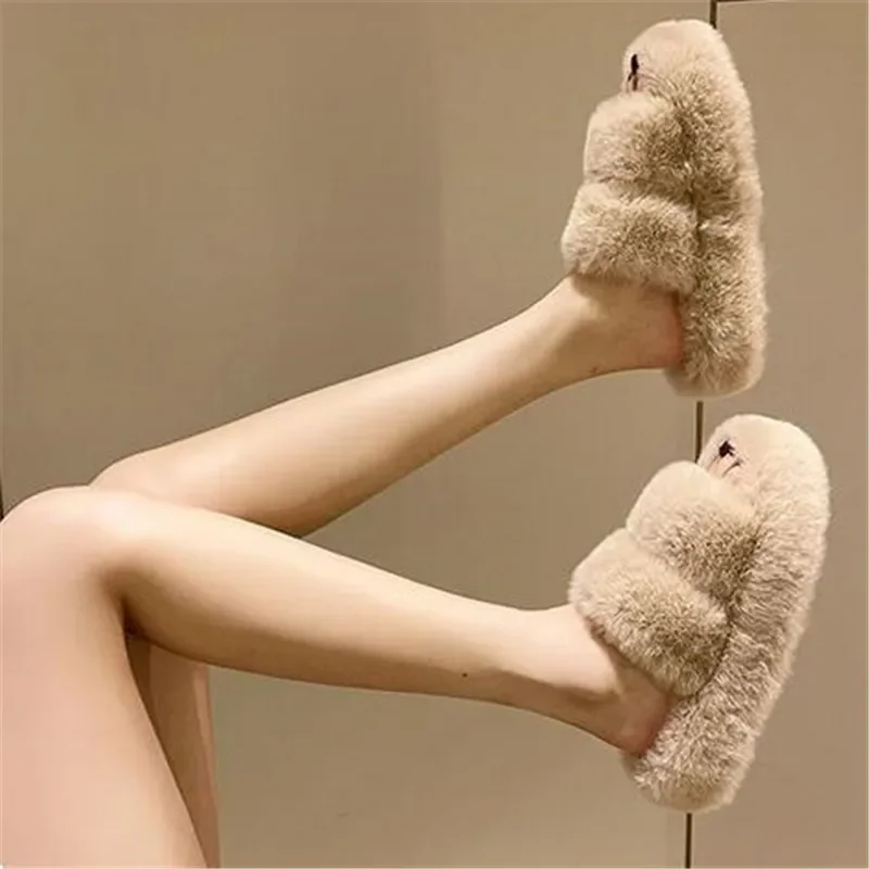 Winter Open Toe Slipper Fashion Fur Thick Sole Flats Heel Ladies Casual Slip on Bedroom Shoes Soft Outdoor Slides Shoes