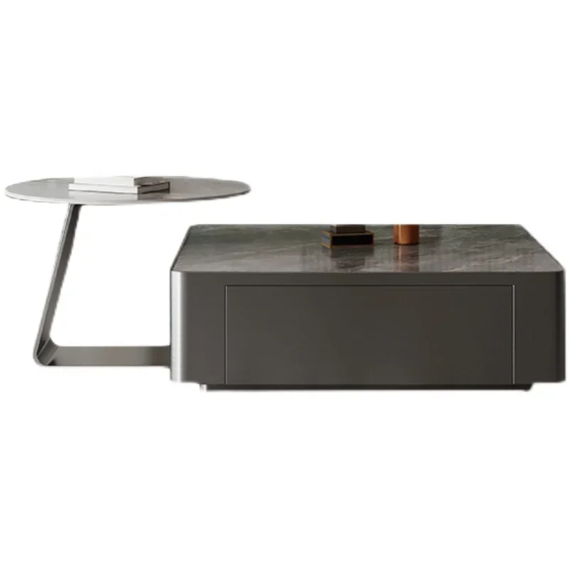 Quiet Style Simple Living Room Stainless Steel Square Stone Plate Coffee Table