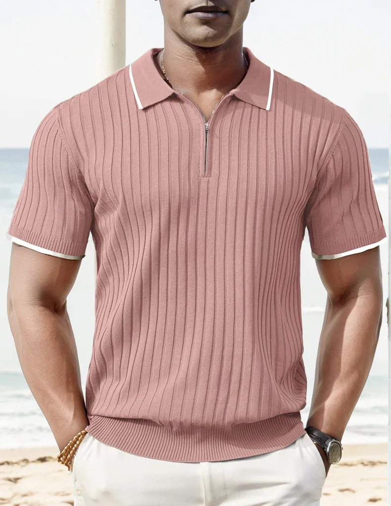 Mens Slim Fit Polo Shirts Short Sleeve Muscle Shirts Solid Color Fitness Fashion Zipper Ribbed T Shirts Quality Casual Golf Tops