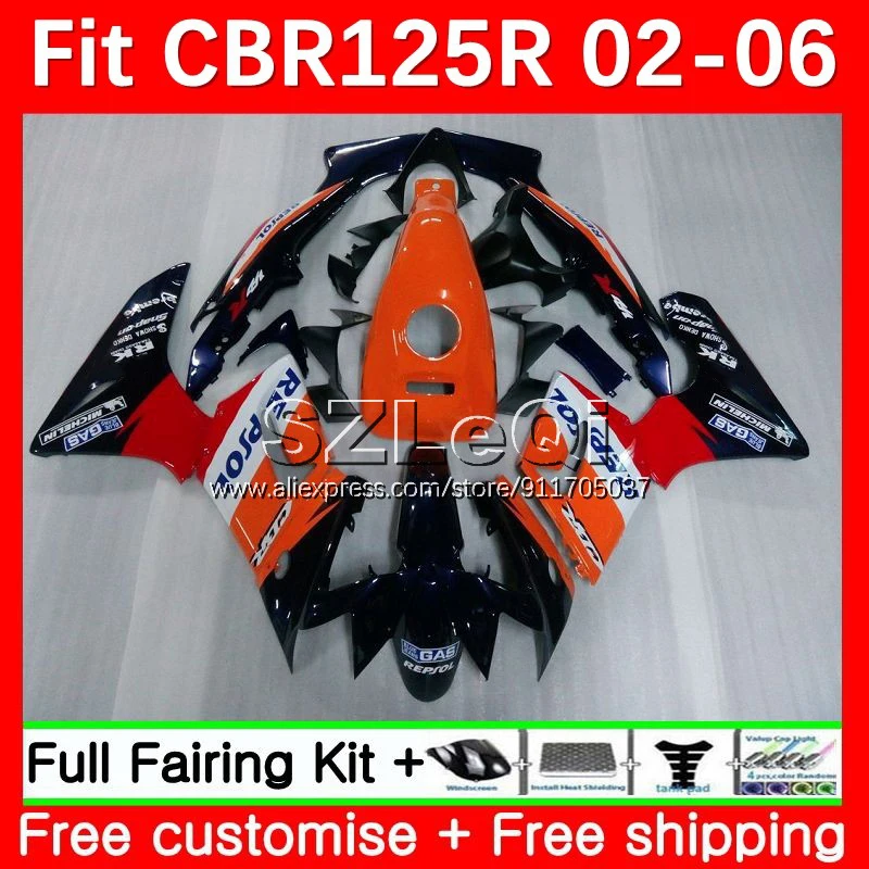 Body Kit For HONDA CBR125R CBR125RR Repsol orange CBR 125CC 125R 02 03 04 05 06 22No.5 CBR-125R 2002 2003 2004 2005 2006 Fairing