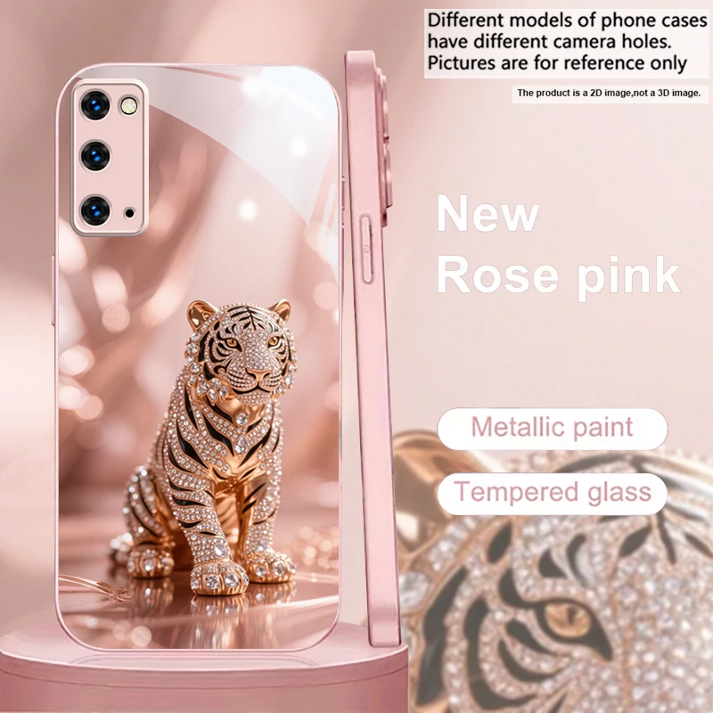 Rose Gold Diamond Tiger Pink Metallic Glass Phone Case For Samsung Galaxy S26 S25 S24 S23 Ultra Plus FE S22 S21 S20 8 9 10 Cover