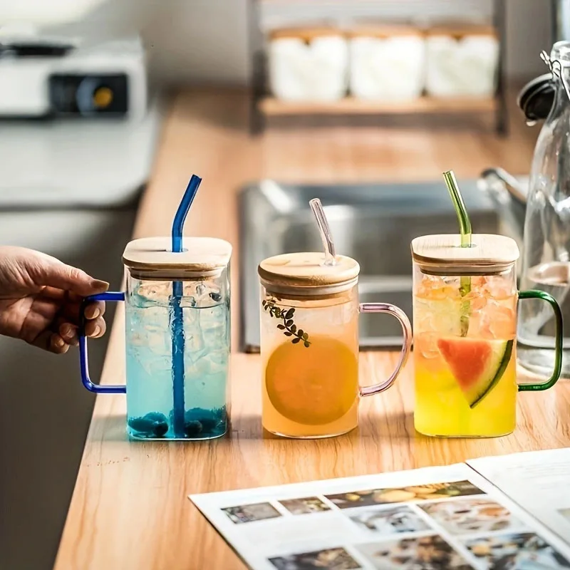 600ML/400ML Square Round Mug With Lid And Straw Monochrome Handle Layered High Borosilicate Glass Iced Coffee Milk Bubble Tea