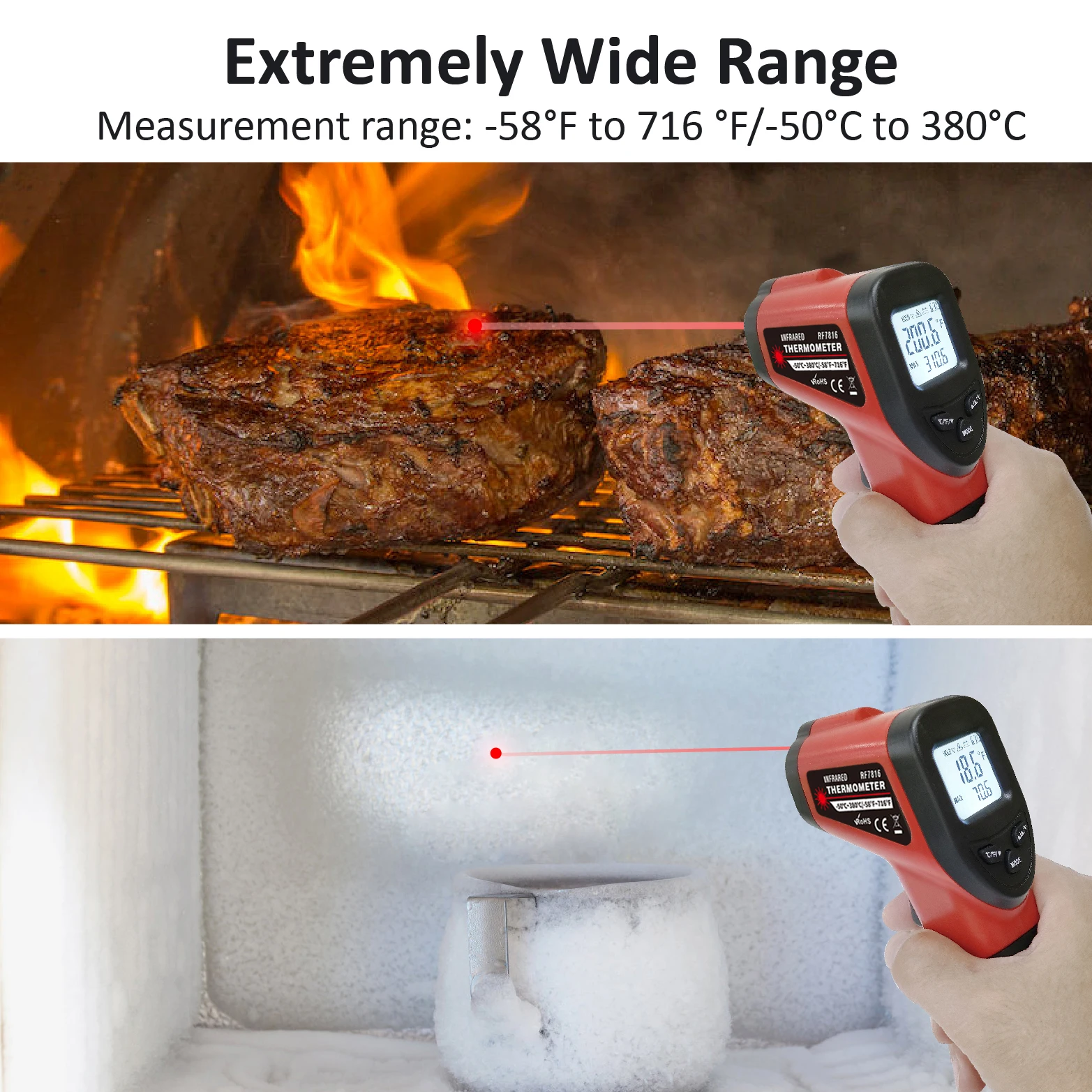 Digital Thermometer Non-contact industrial Infrared Laser LCD Color Screen Kitchen Thermometer Temperature Gun Tester-50-380