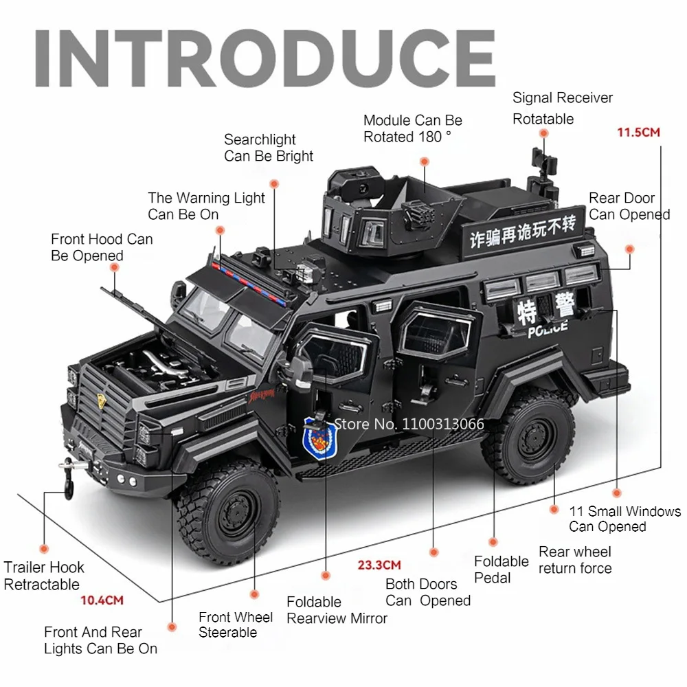 1/24 Sabertooth Armored Cars Models Toy 6 Doors Opened Explosion Proof Vehicle Light Sound Armed Police Vehicles Toys for Kids