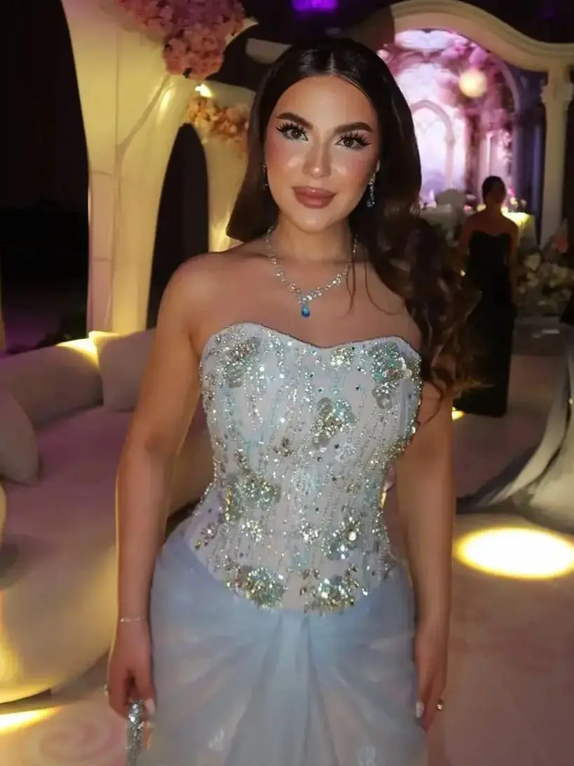 

Ofherown 2026 Light Blue Strapless Evening Dress Women Sequin Embroidery Formal Prom Gown Side Split Party Wedding Guest Dress