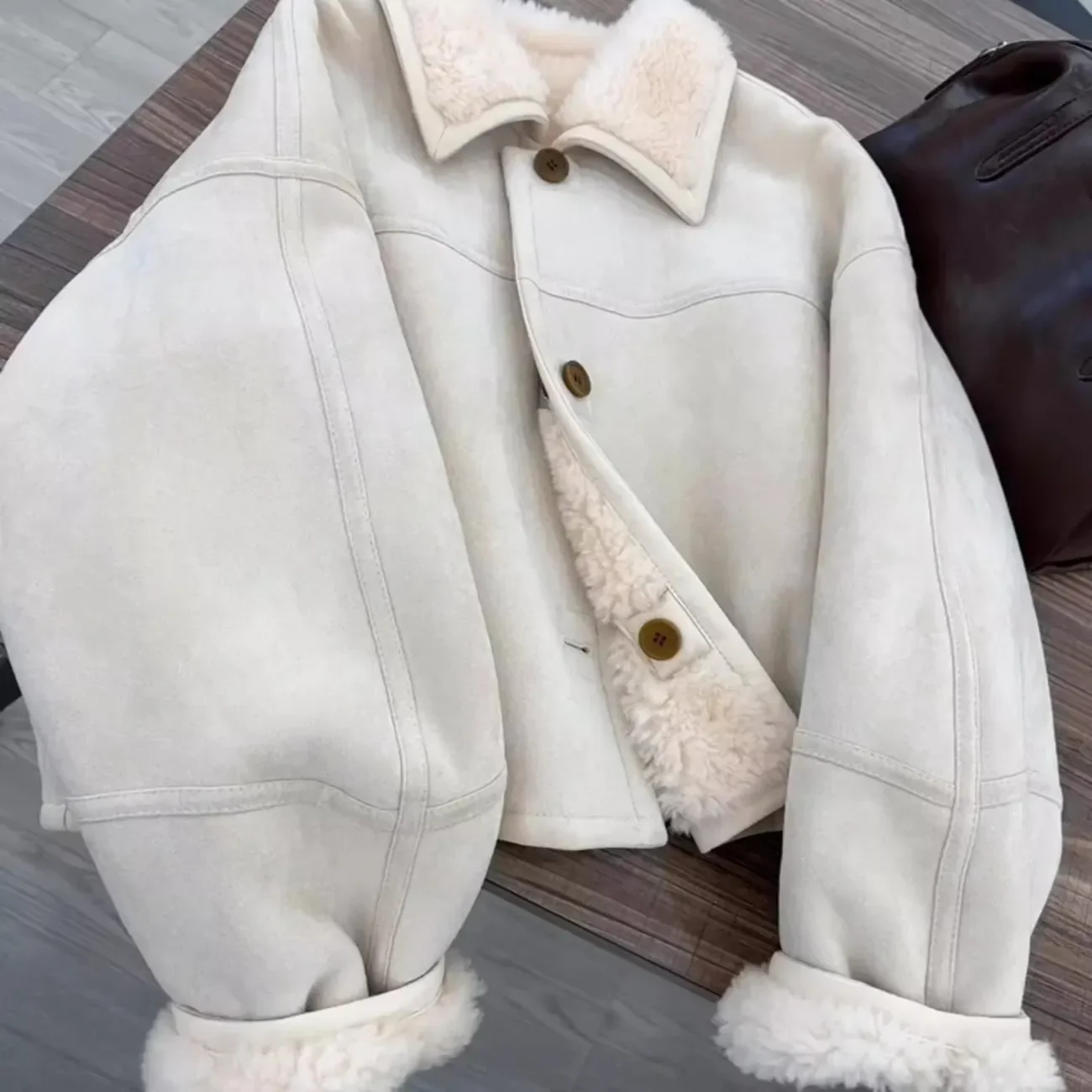 Unique Super Good-looking Lapel Fur One-Piece Lambswool Jacket Outwear Women's Autumn Winter New Fashion Loose Thicke Warm Parka