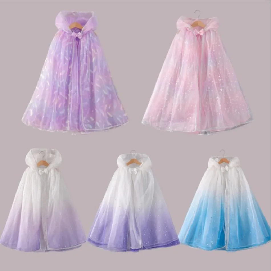 Girl Princess COS Cloak Children Sequin Mesh Hooded Cape Elsa Rapunzel Costume Kids Halloween Birthday Party Clothing XMZ65