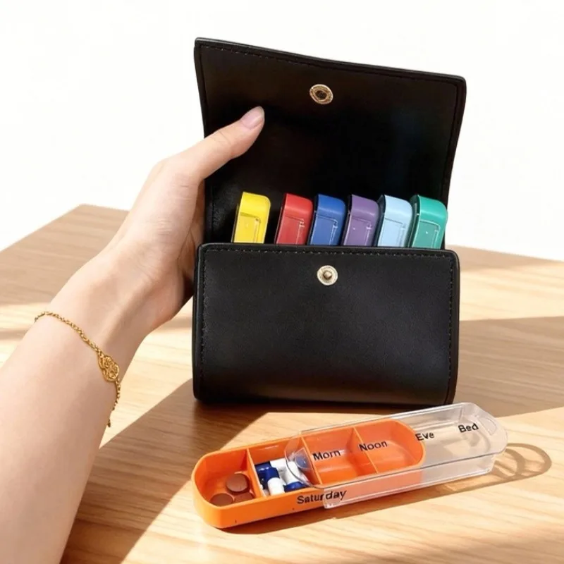 7 Day Leather Pill Organizer Portable Mini Travel Medicine Storage Box Colorful Pill Case Divider Drug Container Personal Health