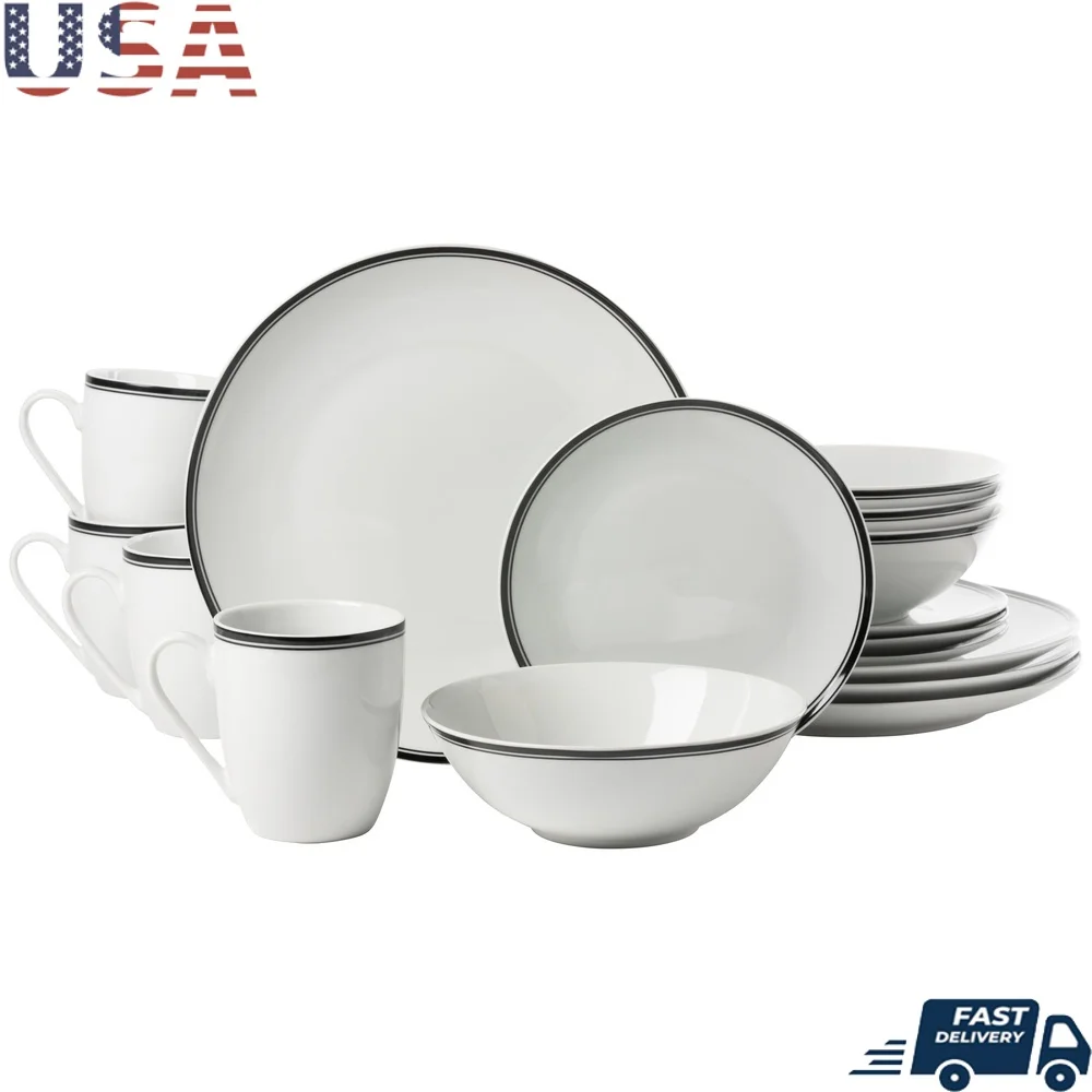 

16 Piece Ceramic Dinnerware Set Dishwasher Microwave Safe Classic Durable Oven to Table Kitchen Essentials Black Tableware