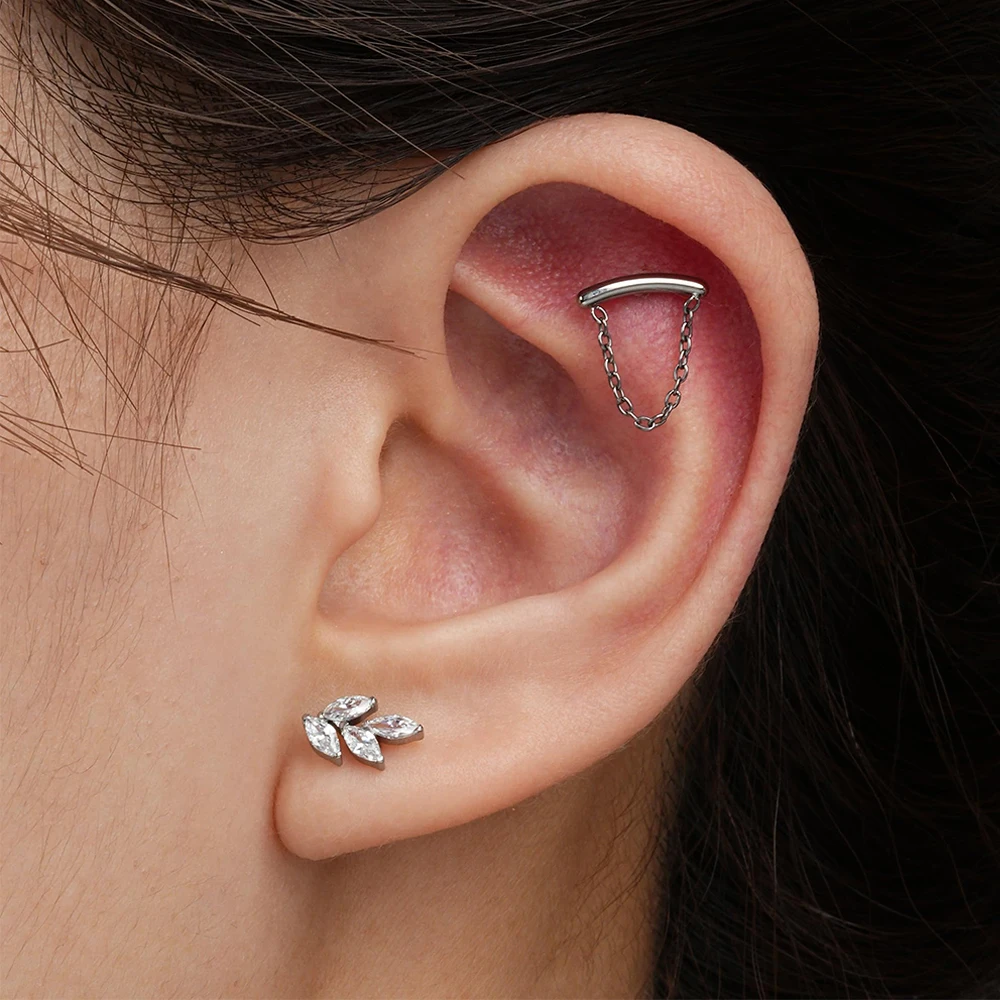 F136 5A Cubic Zircon Inner Threaded Cochlear Nails Horse Eye Leaf Earrings Titanium Piercing Jewelry Ear Bone Studs