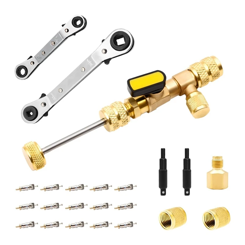 Valve Core Remover Tool With Dual Size SAE 1/4 & 5/16 Port, 10PCS Valve Cores With Seal And 3PCS Brass Nuts