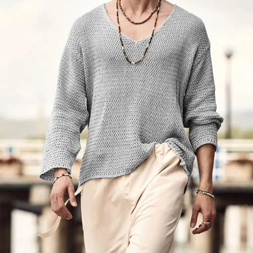 Atasan Pria Lengan Panjang, kaus pria lengan panjang pas badan kasual leher V simpel semua cocok