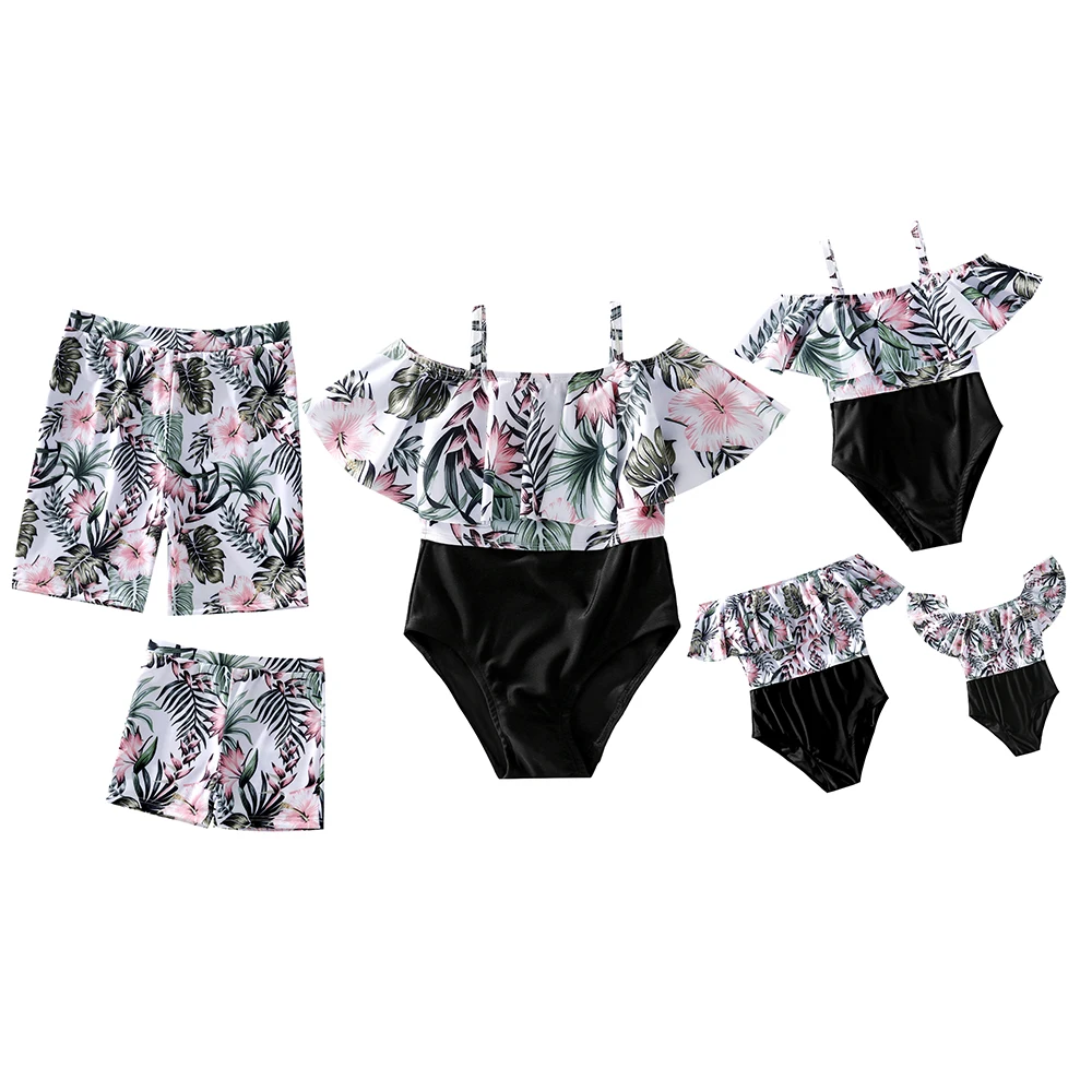 

Bañador con estampado Floral para padres e hijos, conjunto de Bikini de una pieza con estampado de hojas, traje de baño para la