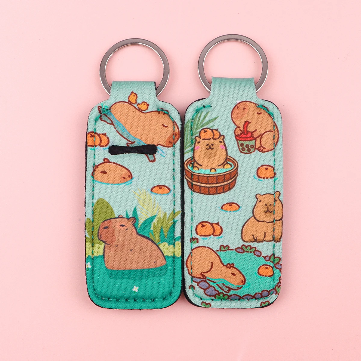 Cute Swimming Capybara Clip On Lipstick Sleeve Holder Keyring Print Cartoon Keyring Trendy Lip Balm Key Chain Accessories