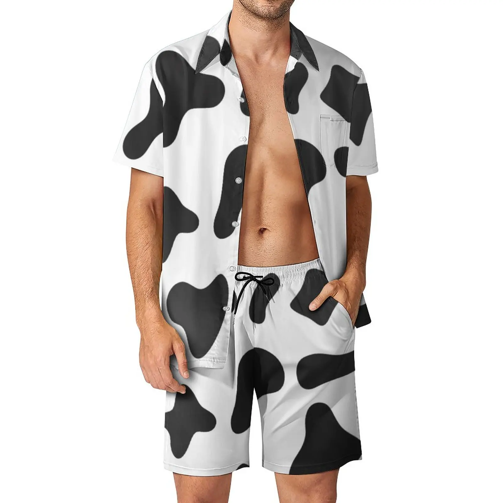 Fashion Black White Cow 3D Print Men Shirt Sets Short Sleeve Shirt Oversized Beach Shorts Streetwear Hawaiian Suits Clothes