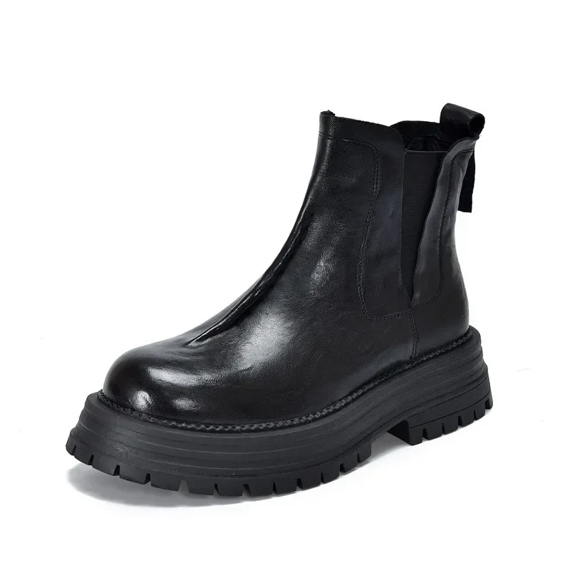 Birkuir retro plataforma plana de pelúcia chelsea botas para mulheres deslizamento em botas de neve 2024 couro genuíno luxo botas de tornozelo de salto grosso