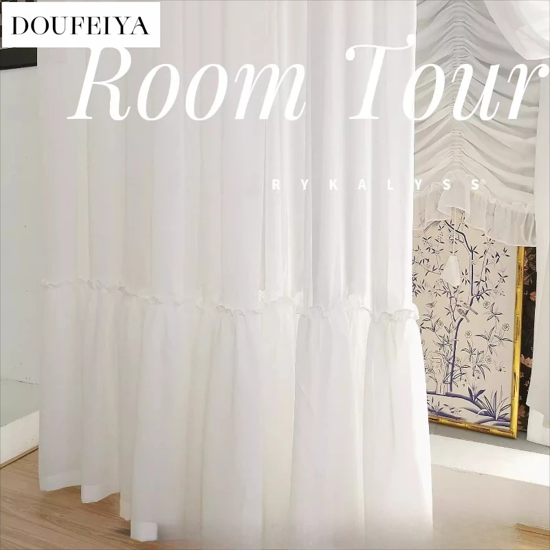 Custom Size French Quality Simple and Slightly Transparent American White Tulle Curtains for Living Dining Room Bedroom