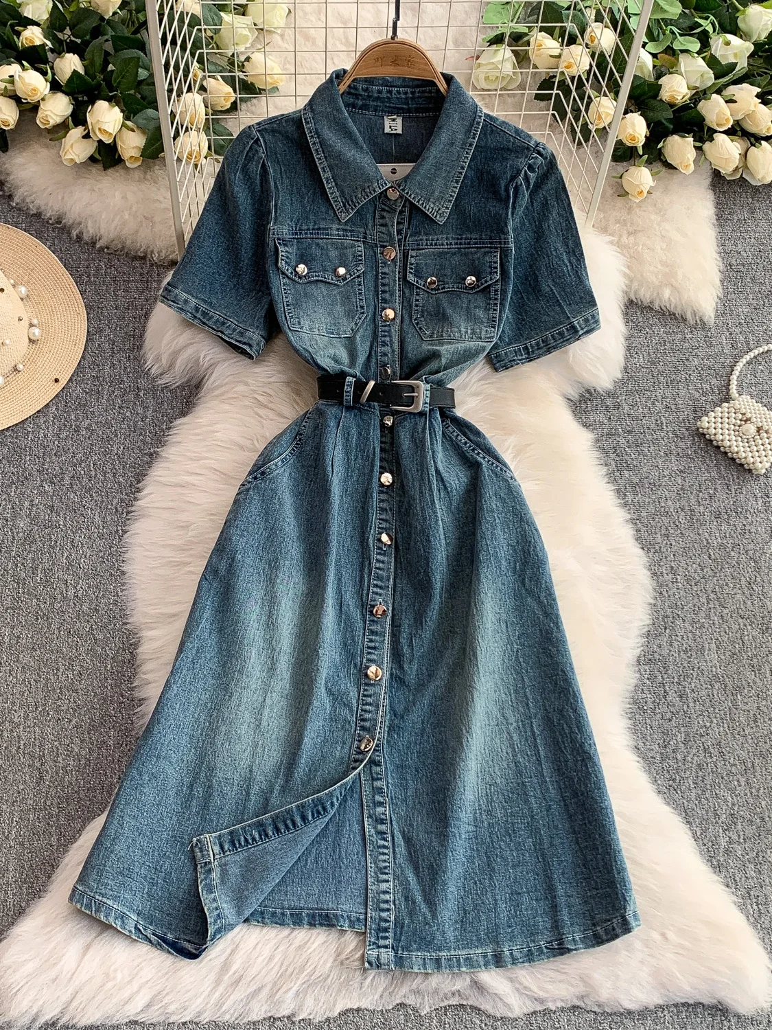ライトブルー ポロカラー デニムワンピース レディース Aライン ミディ丈スカート シングルボタン 細見えデザイン 春夏 韓国風 半袖