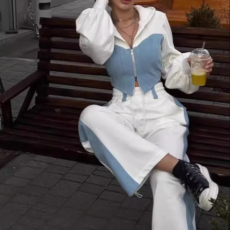 

Denim Splicing Hooded Top Pants Set Long Sve Casual Sportswear Two-Piece Set for Women in Their 30s Polyester Fabric