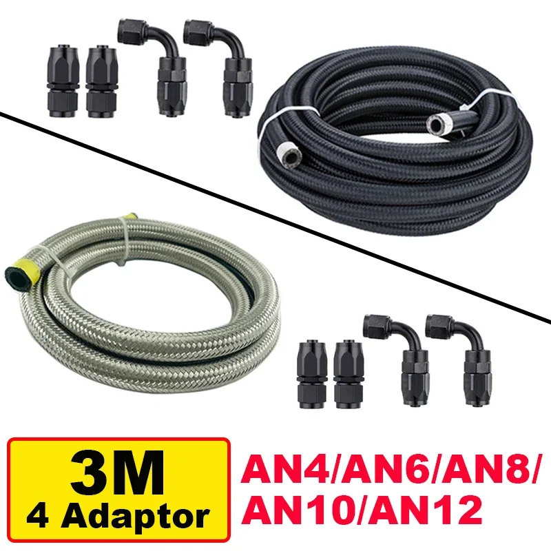 3M AN4 AN6 AN8 AN10 AN12 Fuel Hose Fitting Oil Line Pipe Tube Stainless Steel Braided CPE Rubber + 0 90 Degree Swivel Hose End