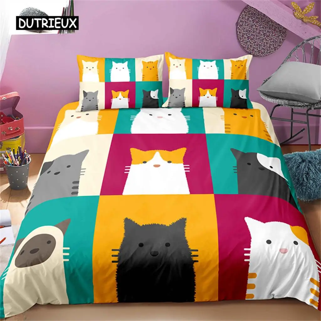 Cartoon Pet Cats Bedding Set Colorful Stitching Animal Duvet Cover Cat Lovers Exclusive Gift For Bedroom Decoration Women Men