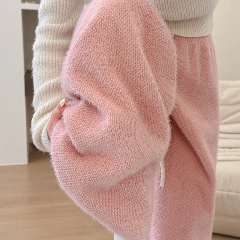 Drawstring High Waist Plush Pants For Women Winter Fleece Straight Wide Leg Casual Pants Woman Loose Thicken Warm Trousers Mujer