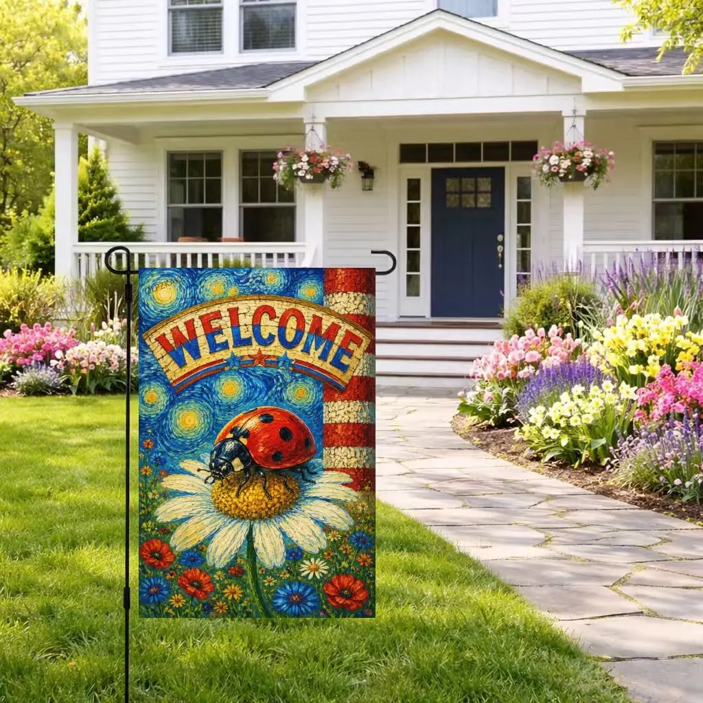 Ladybug Animals Garden Flag 12x18 Inch Linen Double Sided Patriotic Welcome Flag Cute Farm Ladybug in Wildflower Meadow with kkz