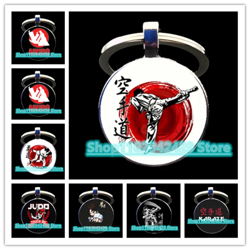 New judo karate taekwondo round glass keychain DIY handmade decorative gift keychain for male and female sports fans.