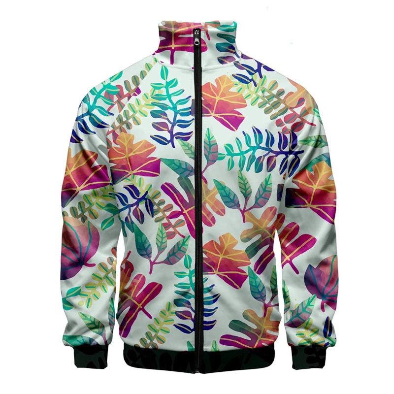 Chaqueta con cremallera y cuello levantado para hombre y mujer, ropa de calle de manga larga con estampado Digital 3D de hojas Hawaianas, moda masculina