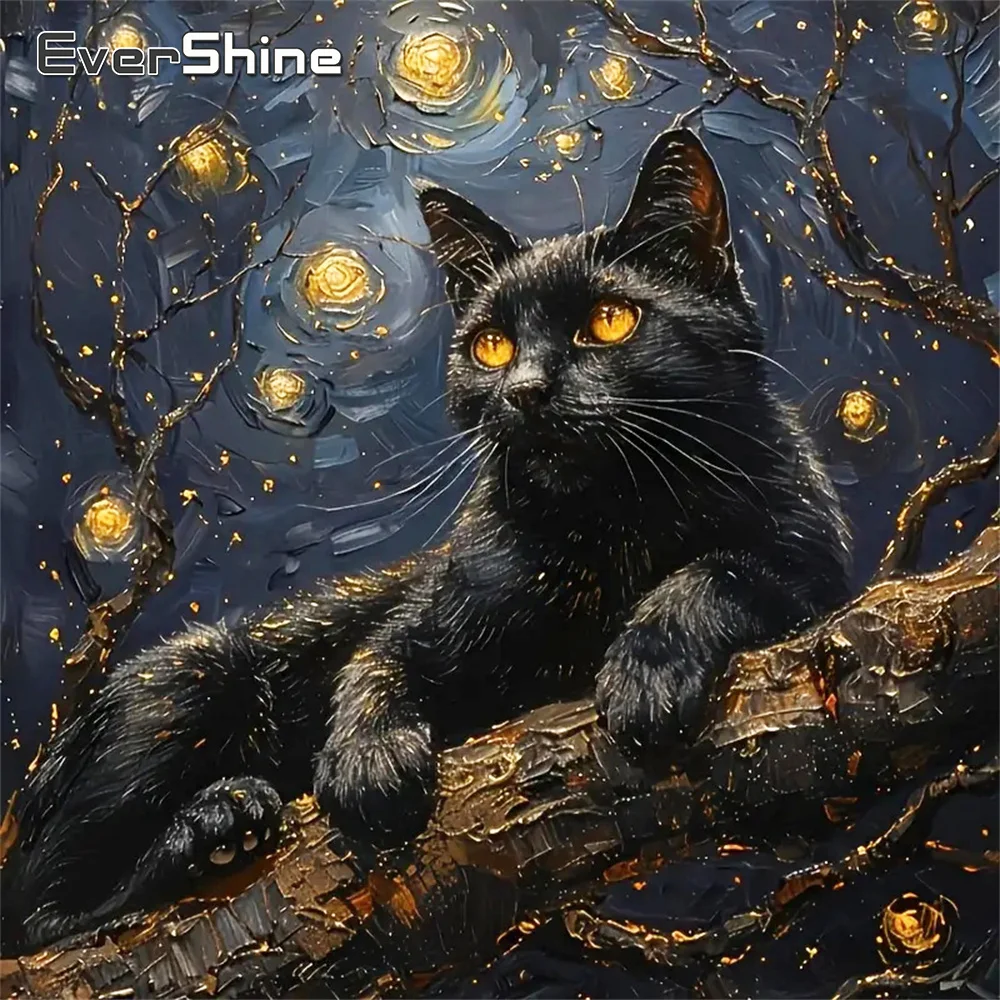 Evershine Diamant-Mosaik, schwarze Katze, Tier, DIY-Muster für Erwachsene, Anfänger, voll quadratisch, rund, Diamant-Gemälde, Kindergeschenk