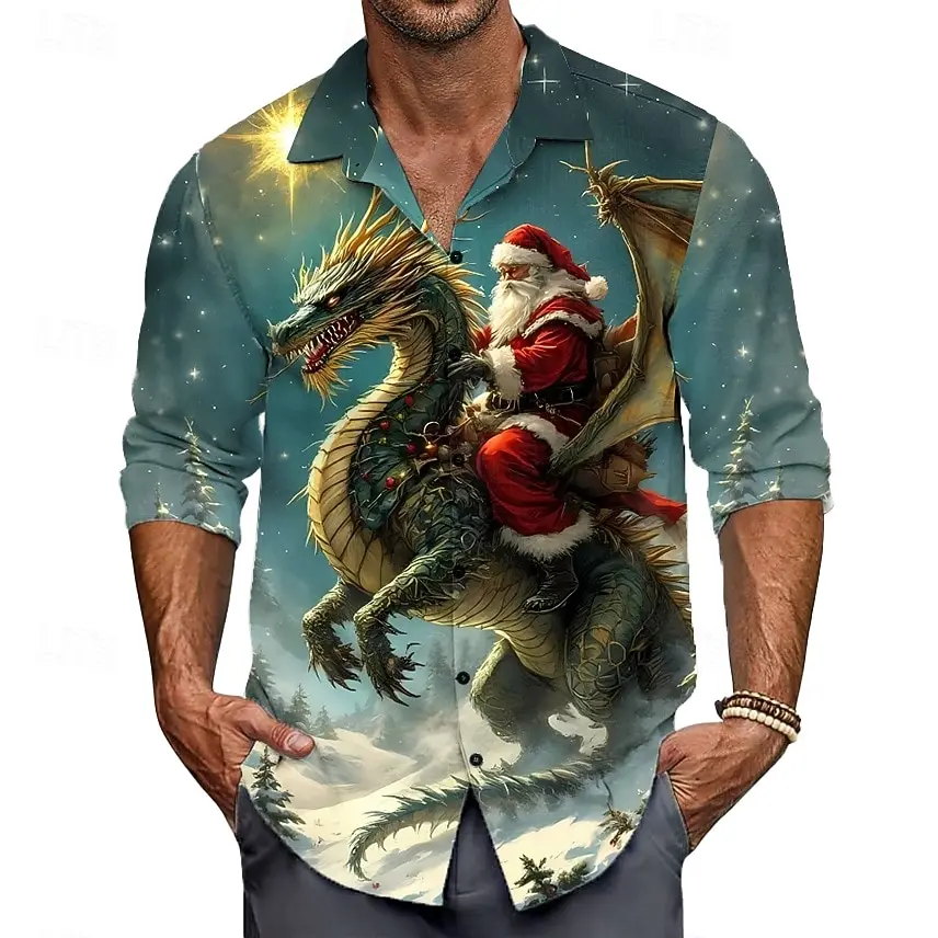 

Christmas Men's Santa Claus Dragon funny christmas Shirt Button Up Shirt Long Sleeve Funny Christmas Gifts Holiday Spring Fall