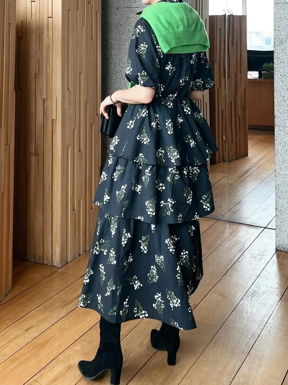 Vestido e con falda de pastel Floral y lazo en la cintura, lazos de manga media, cuello redondo, vestido largo en form...