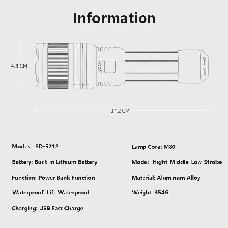 Smiling Shark SD5212 Powerful Flashlight, M80 Super Bright Rechargeable Torchlight, for Outdoor Camping, Fishing, Climbing