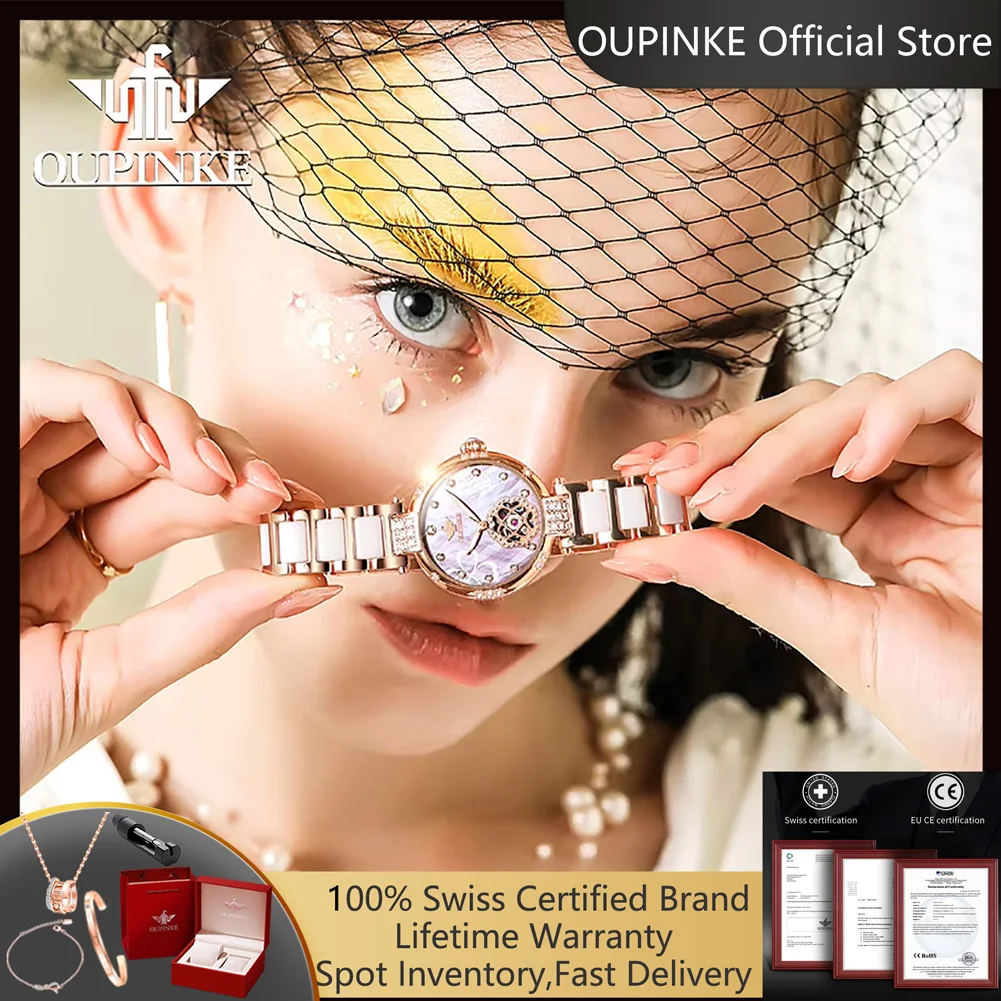 OUPINKE 3183 Automatic Mechanical Watches for Women Hollowed Flower Dial Luxury Elegant Rose Gold Ceramics Strap Women's Watches
