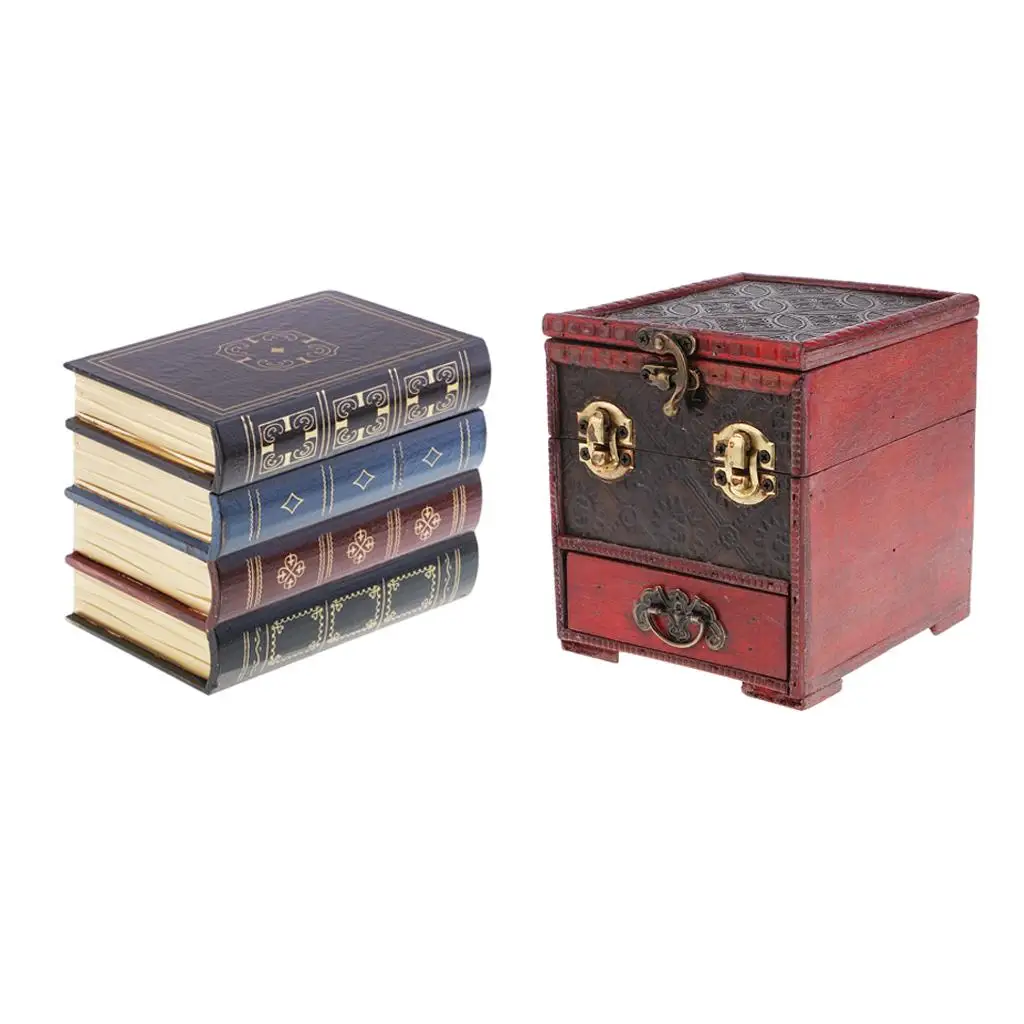 2pcs Vintage Book Shape Jewelry Treasure Chest Holder Case Box