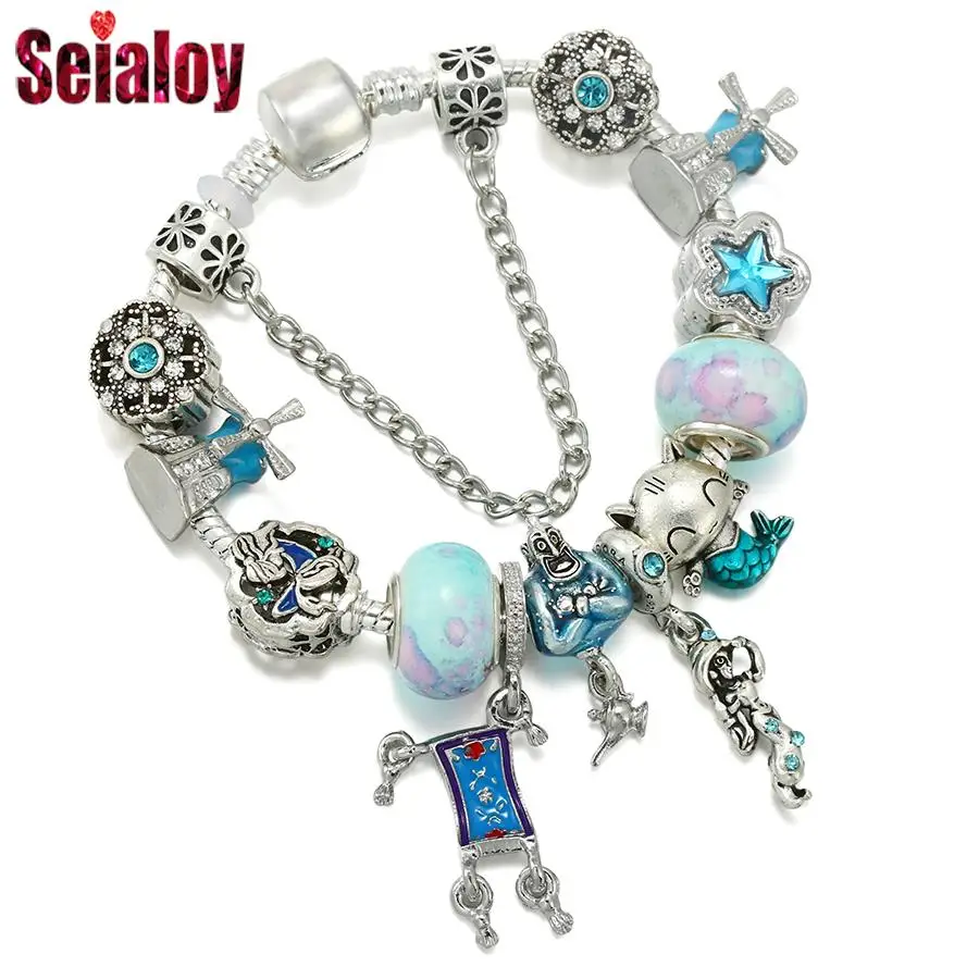 Seialoy Blue Ocean Beads Windmill Charm Bracelets For Women Men DIY Silver Color Star Bead Bracelet & Bangle Jewelry