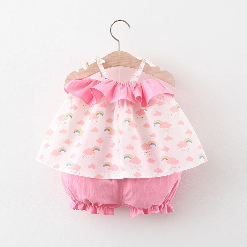 Summer 2/piece set for girls baby top and shorts, girl solid color lace cartoon rainbow cloud print suspender top