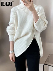 EAM-suéter de punto con abertura y cremallera para mujer, jersey de manga larga con cuello alto, talla grande, tendencia de moda, otoño e invierno, 2024, 1DF3058