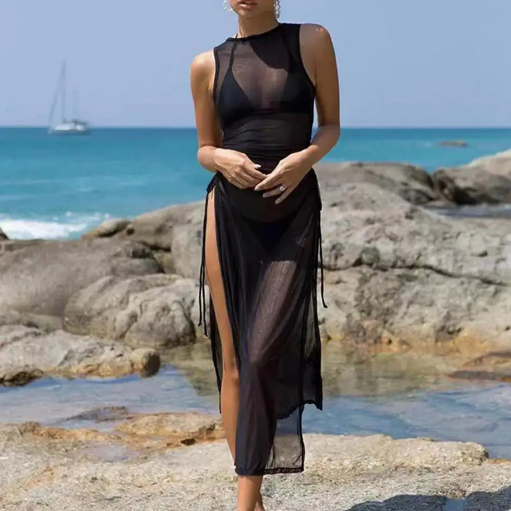 Trendy Bikini Cover Up Sun Protection Cover Up Dress O-neck Perspective Sleeveless Beach Dress  Lightweight