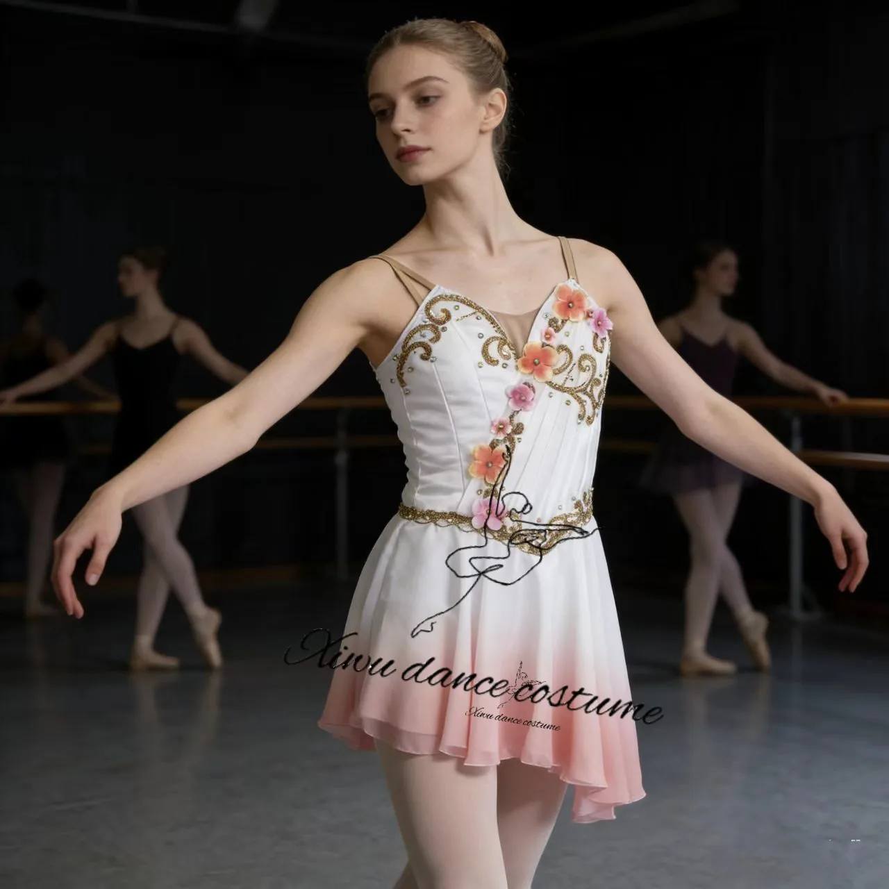 

Костюм для лирического танца цвета шалфейной зелени с цветочным узором, корсетный топ с шифоновой юбкой для женщин, идеально подходит для балета, современного танца и других видов танцев.