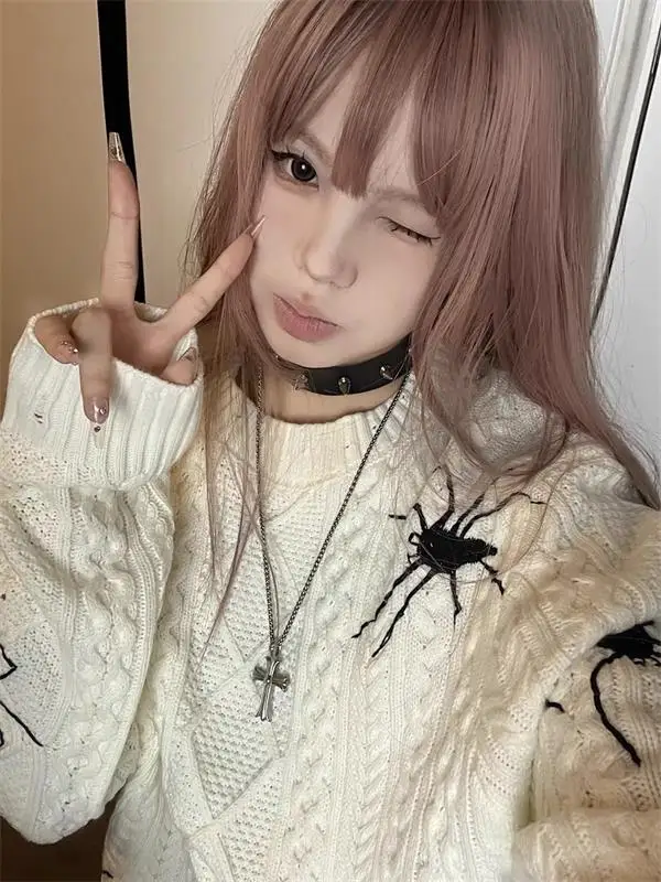 

Subcultural Punk Y2k Twists Embroidery Spider Sweater Jumper Sueter Mujer Knitted Tops Pullover Winter Clothes Women